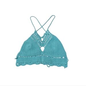 Crochet Knit Halter Top Handmade Turquoise Festival Small Boho Cottagecore